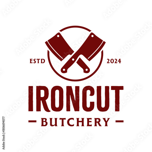 Bold crossed meat cleavers inside a circular badge, creating a strong vintage butchery and culinary logo ideal for meat shops, grilling brands, and food businesses. Editable Vector File
