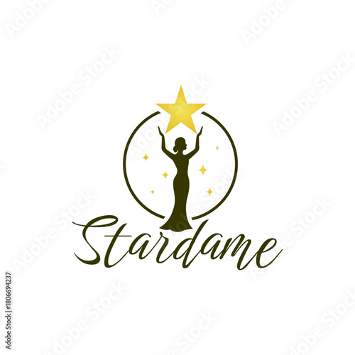 Elegant logo featuring a female silhouette holding a golden star inside a circular frame, ideal for beauty brands, award events, luxury fashion, and prestige businesses. Editable Vector File
