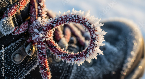 Close-up of an ice-coated hiking boot lace loop frozen mid-motion, revealing intricate frost crystals and hyper-detailed textures that capture the intensity of a halted expedition step.