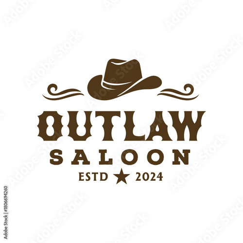 Vintage western logo featuring a cowboy hat with decorative flourishes and bold saloon typography, perfect for bar, pub, ranch, rodeo, and rustic branding projects. Editable Vector File
