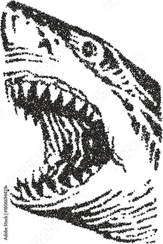 Aggressive great white shark with open mouth, illustrated in a dynamic stipple vector style. Powerful and menacing ocean predator design for themes of danger and wildlife.
