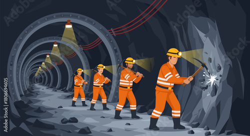 Mining workers in a tunnel with equipment, illustration of a group of miners with tools and lights, exploration