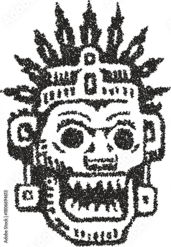 Ancient Aztec or Mayan tribal death mask with skull face, created with a unique stipple vector effect. Historical and cultural illustration for themes of ritual and mythology.
