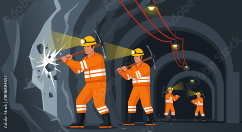 Tunnel Workers with Pickaxes Vector Illustration of Miners in a Mine Shaft