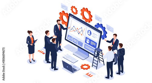 A professional team collaborates on business intelligence, analyzing complex data analytics and performance charts on a large interactive dashboard display