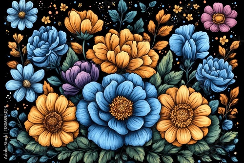 Various colorful flowers with black background, digital painting. Perfect for spring themed designs, wallpaper, or background element.