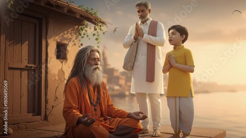 A guru blesses a child beside the riverside ashram, surrounded by serene spiritual energy and calm waters.