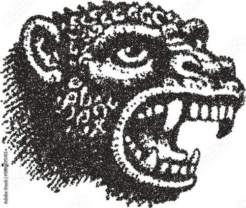 Fierce jaguar or panther head with tribal patterns, created with a stipple vector art style. Powerful big cat design for themes of wildlife, ancient culture, and strength.
