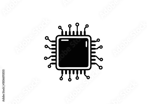 High-Quality Black Vector Microchip Icon with Symmetrical Circuit Lines – Modern Technology, Electronics, Hardware Processor Symbol for Digital UI, IT Branding, and Technical Graphic Design