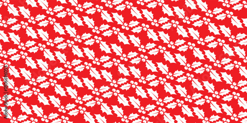 Pattern with holly leaves and small berries on a bright red background