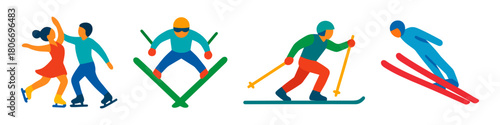 Colorful illustrations of winter sports: a pair performing figure skating, an athlete in aerials, a cross-country skier pushing forward, and a ski jumper mid-flight.