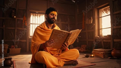 A sage reads ancient scriptures inside a warm wooden village house filled with peaceful spiritual energy.