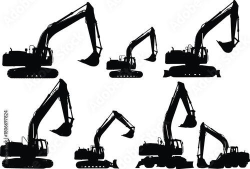 Excavator silhouette vector set, black construction machinery icons, heavy equipment digger collection, isolated industrial vehicle symbols for building site engineering design