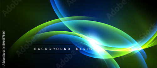 Abstract flowing lines, vibrant colors, dark background. Bright light source creates dynamic visual effect. Modern design element.