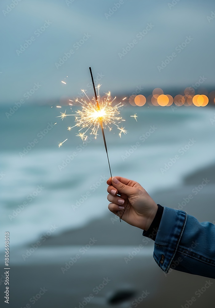 Fototapeta premium Sparkler held by a hand on the beach at dusk with ocean waves in the background
