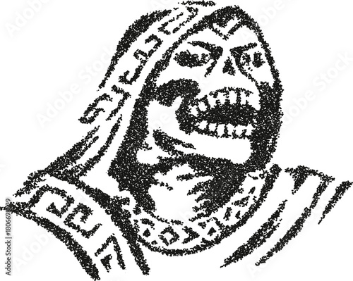 Ancient hooded figure with a skull face and tribal patterns, created in a mystical stipple vector style. Illustration of a mummy, lich, or desert phantom for fantasy or historical themes.
