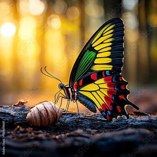 Butterfly emerging from chrysalis in sunlit forest nature photography serene environment close-up perspective