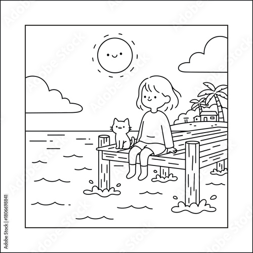 Cute Girl and Cat Sitting on Pier by the Ocean Coloring Page Vector