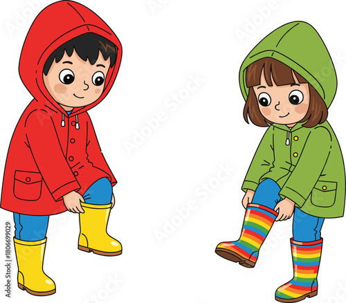Little boy and girl putting on rain boots, cute cartoon children in colorful raincoats preparing for rainy weather, isolated vector illustration