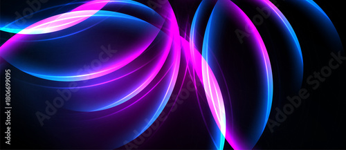 Abstract neon curves illuminate dark background. Bright magenta, cyan lines create dynamic visual effect. Smooth gradients suggest energy, motion.