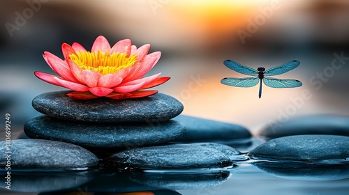 Dragonfly and lotus flower tranquil pond nature photography serene environment close-up view peaceful concept