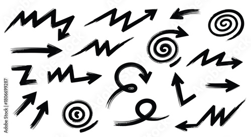 A collection of various hand-drawn black arrows and spiral shapes with a textured brushstroke effect on a white background.