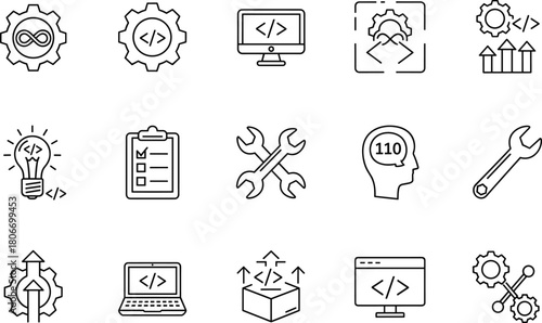 Programming and coding icon set, vector web development symbols, software engineering gear outline, isolated devops elements for technology design application