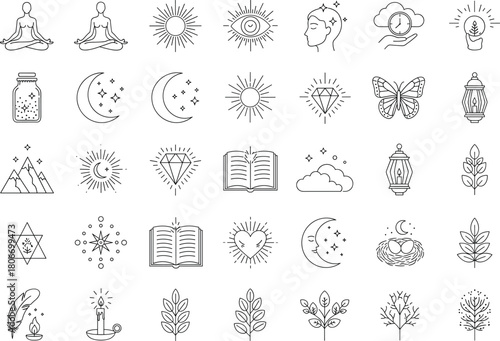 Mystical line art icon set, boho celestial vector symbols, spiritual yoga and magic moon elements, isolated astrology collection for esoteric design