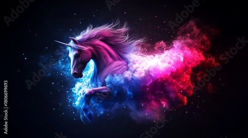 A majestic Pegasus emerges from vibrant red and blue cosmic smoke against a dark stellar background.