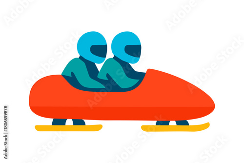 Flat vector illustration of a two-person bobsled team in action. The athletes wear teal suits and blue helmets