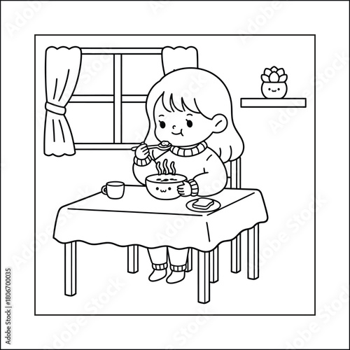 Cute Girl Eating Breakfast at Table Line Art Coloring Page