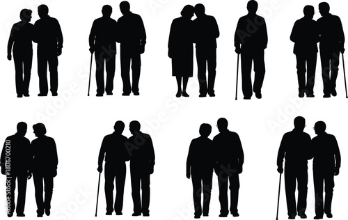 Set of elderly couple silhouettes walking together, senior man and woman with cane, isolated black vector figures for retirement and old age design