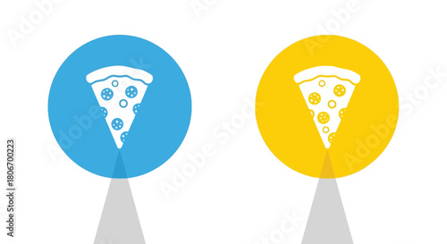 Illustration of pizza slices in blue and yellow circles isolated on