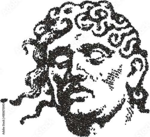 Vector stipple art portrait of mystical  god or philosopher with radiating mind energy in surreal dotwork style