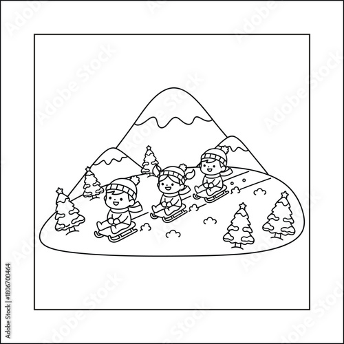 Cute Kids Sledding Down Snowy Hill Line Art