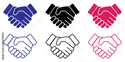 Handshake icon set showing agreement, partnership and teamwork in bold and outline styles. Includes blue, black and red variations for business, collaboration, deal, handshake, agreement, partnership