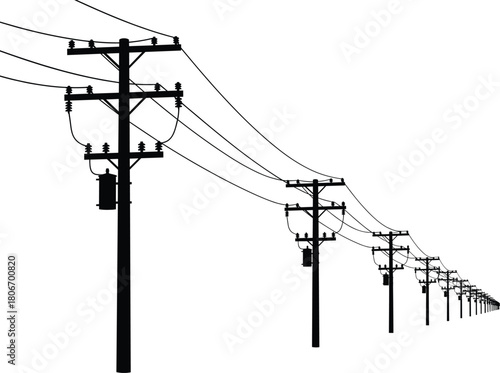 Silhouette of electric power lines and utility poles, vector transmission wires receding in perspective, isolated energy infrastructure background for industrial design