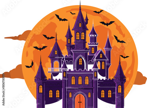 Spooky Halloween castle vector illustration, dark purple gothic fortress with full moon and bats, haunted palace isolated for holiday party poster design