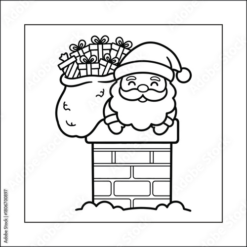 Cute Santa Claus with Gift Sack on Chimney Line Art