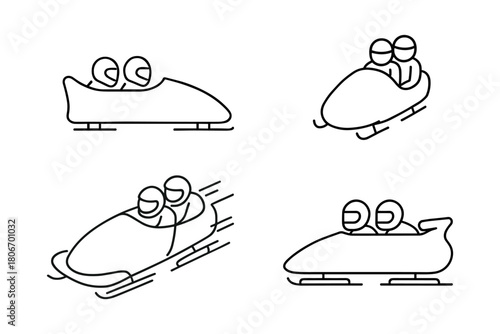 Set of minimalist black line icons depicting two-person bobsleigh teams. Each icon shows athletes wearing helmets inside streamlined sleds, emphasizing motion, speed, and winter competition.