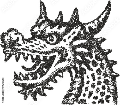 Fierce dragon head with sharp teeth and horns, rendered in a classic European fantasy stipple vector style. Powerful mythological creature for emblems, tattoos, or fantasy art.
