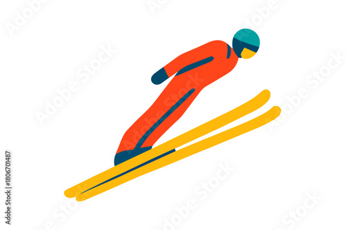 Colorful flat-style illustration of a ski jumper in mid-flight