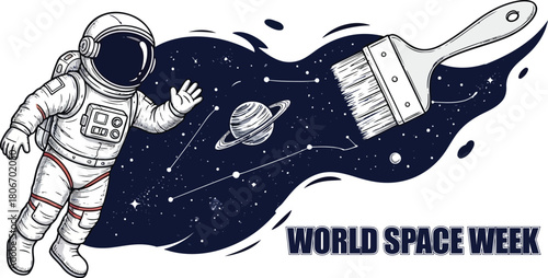 Astronaut painting the universe for world space week isolated on white background