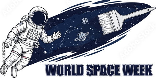 Astronaut painting the universe for world space week isolated on white background