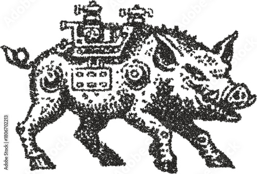 Futuristic steampunk warthog or wild boar with mechanical parts and exhaust flames, created in a dynamic stipple vector style. A sci-fi concept of a running cyborg animal.
