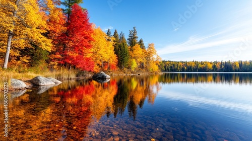 Autumn trees reflect on the clear lake surface under a sunny blue sky, creating a vibrant and colorful landscape!