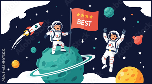 Astronauts celebrate success on a planet with a flag marked as best