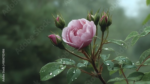 Wallpaper Mural A delicate pink rose and its buds covered in dew are illuminated by soft light amidst lush green foliage Torontodigital.ca