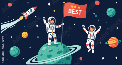 Astronauts celebrating success in space with flag isolated on white background