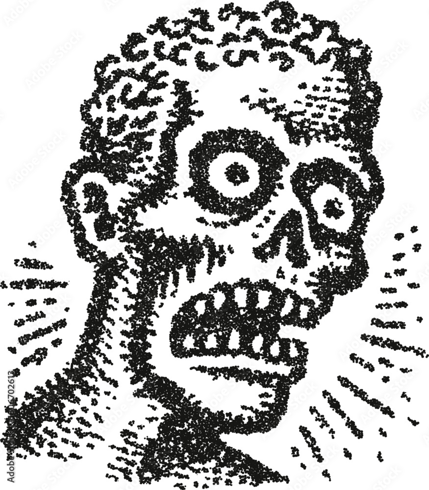 Fototapeta premium Panicked zombie face with brain-like hair, screaming in horror, created with an expressive stipple vector technique. A raw and intense design for punk rock flyers or indie comics. 